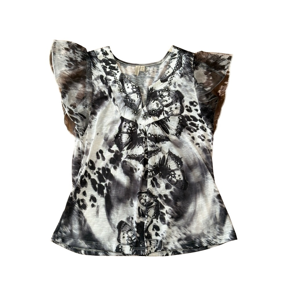 Madison Petite Black and White Butterfly T-Shirt Blouse (Petite Medium)